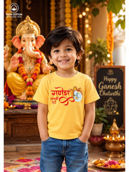 BLUSHES - Yellow Cotton Knit Half Sleeves Ganesh Chaturthi Text Printed T-Shirt