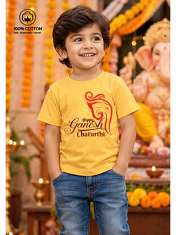 BLUSHES - Yellow Cotton Knit Half Sleeves Happy Ganesh Chaturthi Text Printed T-Shirt