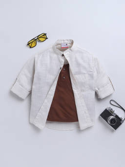 BAATCHEET - White Cotton Linen Full Sleeve Striped Shirt With Attached T-Shirt
