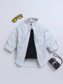 BAATCHEET - Green Cotton Linen Full Sleeve Striped Shirt With Attached T-Shirt