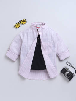 BAATCHEET - Pink Cotton Linen Woven Full Sleeve Striped Shirt With Attached T-Shirt