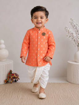 BAATCHEET - Peach Cotton Embroided Evil Eye Sherwani With Dhoti And Elephant Brooch