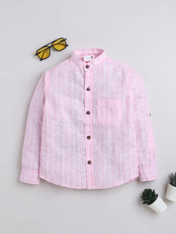 BAATCHEET - Pink Cotton Linen Woven Full Sleeve Striped Shirt