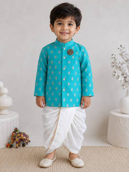BAATCHEET - Teal Cotton Embroided Evil Eye Sherwani With Dhoti And Elephant Brooch
