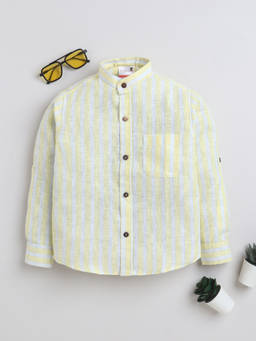 BAATCHEET - Yellow Cotton Linen Woven Full Sleeve Striped Shirt