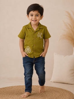 VASTRARTH - Green Cotton For Boys Half Sleeves Printed Shirts