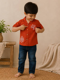 VASTRARTH - Rust Cotton For Boys Half Sleeves Printed Shirts