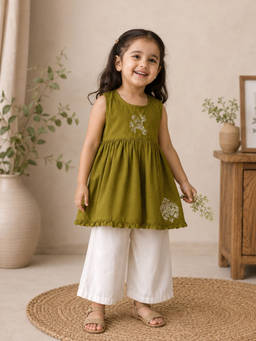 VASTRARTH - Green Cotton Printed Sleeveless Kurta With Palazzo