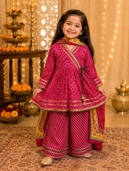 VASTRARTH - Pink Cotton Three Fourth Sleeves Kurta And Palazzo & Dupatta