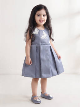 Blabber - Grey Satin Woven Sleeveless Party Frock And Applique And Booties