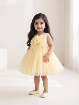 Blabber - Yellow Sleeveless Frock With Floral Applique And Booties