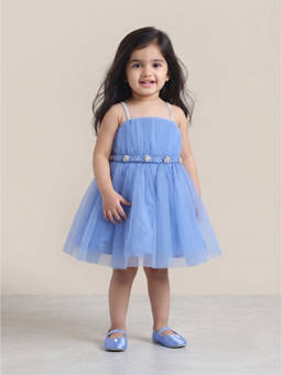 Blabber - Blue Party Wear Sleeveless Frock With Floral Applique And Booties
