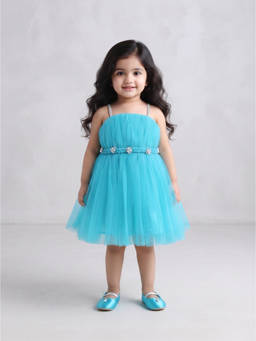 Blabber - Turquoise Party Wear Sleeveless Frock With Floral Applique And Booties