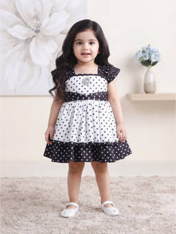 Blabber - White Satin Polka Dots Sleeveless Printed Party Frock With Booties