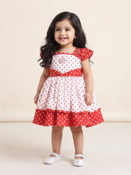 Blabber - White Satin Polka Dots Sleeveless Printed Party Frock With Booties