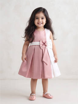 Blabber - Multi-Color Satin Colorblock Party Frock With Bow Applique And Booties