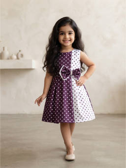 Blabber - Multi-Color Satin Polka Dots Sleeveless Printed Party Dress With Bow Applique