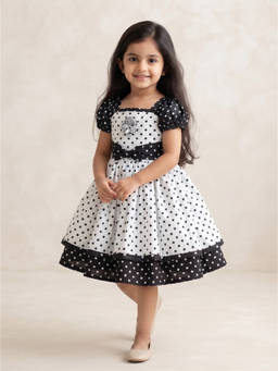 Blabber - White Satin Polka Dots Sleeveless Printed Party Dress