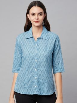 Divena - Sky Blue Block Printed Casual Women Shirt