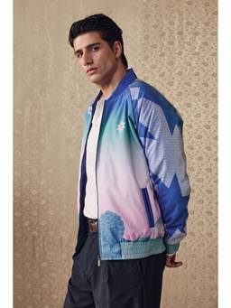 Snitch - Mens Blue Printed Full Sleeves Oversized Casual Jacket