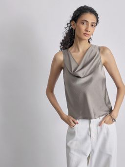 The Label Life - Grey Satin Cowl Neck Top