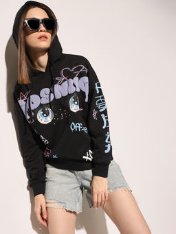 ONLY - Womens Black Typography Relaxed Fit Hoodie