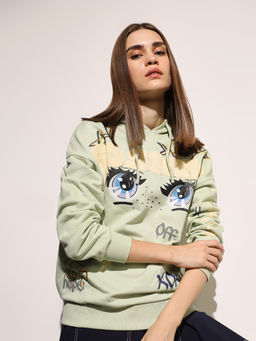 ONLY - Womens Green Printed Relaxed Fit Hoodie