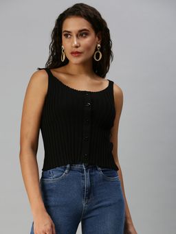 SHOWOFFFF - Women Shoulder Straps Solid Black Regular Top