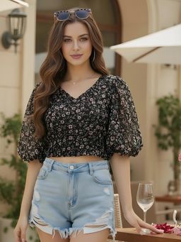 Sera - Black Floral Print Crop Top