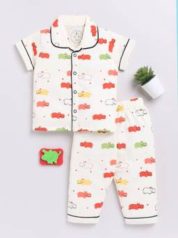 Clt.s - Kids White Animal Printed Half Sleeve Night Suit (Set of 2)