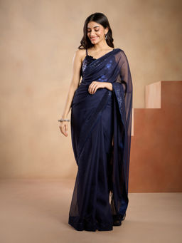 Gajra Gang - Glitterati Navy Blue Sequins Border with Fringe Detail Saree GGSAR26 (Free Size)