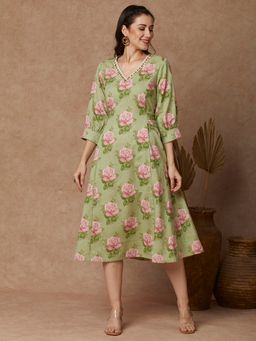 FASHOR - Floral Printed A-Line Paneled Tie - Up Midi Flared Dress - Green
