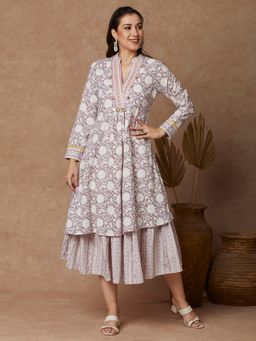 FASHOR - Floral Printed and Embroidered A-Line Pleated Layered Midi Dress - Lavender