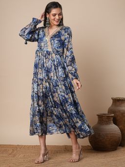FASHOR - Floral Foil Printed A-Line Pleated Maxi Dress - Blue