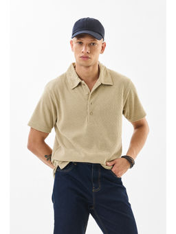 Snitch - Men Beige Textured Half Sleeves Slim Casual Polo T-Shirt