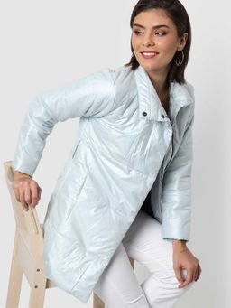Campus Sutra - Womens Blue Vinyl Puffer Bomber Jacket