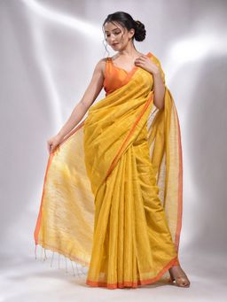 CHARUKRITI - Yellow Tissue Handwoven Soft Saree with Unstitched Blouse