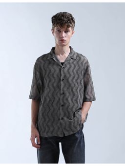 Flying Machine - Black Oversized Fit Self Design Chevron Shirt