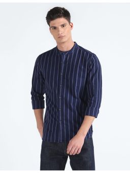 Flying Machine - Blue Mandarin Collar Vertical Stripe Cotton Shirt
