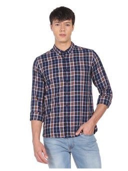 Flying Machine - Navy Blue Plaid Check Twill Cotton Shirt