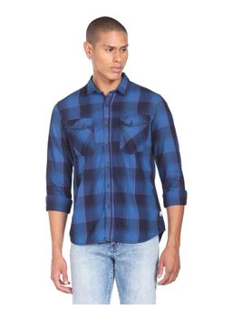 Flying Machine - Blue Plaid Check Herringbone Cotton Shirt