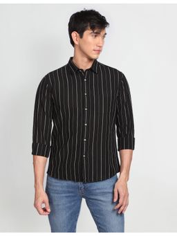 Flying Machine - Black Vertical Stripe Spread Collar Shirt