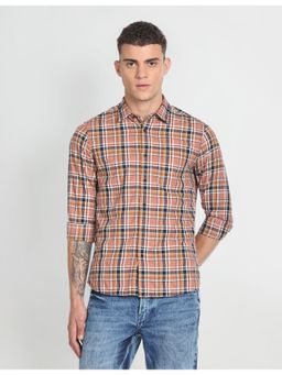 Flying Machine - Brown Herringbone Plaid Slim Shirt