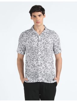 Flying Machine - White Floral Print Cuban Collar Shirt