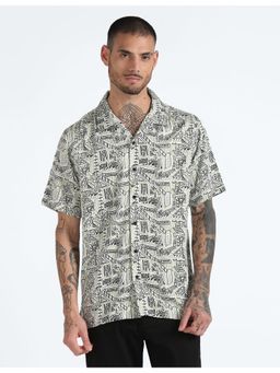 Flying Machine - White Cuban Collar Geometric Print Shirt