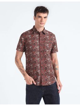 Flying Machine - Brown Cotton Linen Floral Print Shirt