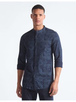 Flying Machine - Blue Mandarin Collar Chambray Shirt