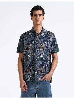 Flying Machine - Navy Blue Floral Print Lyocell Shirt