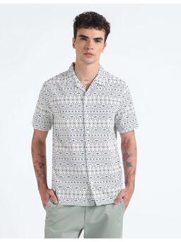 Flying Machine - White Cuban Collar Motif Print Shirt