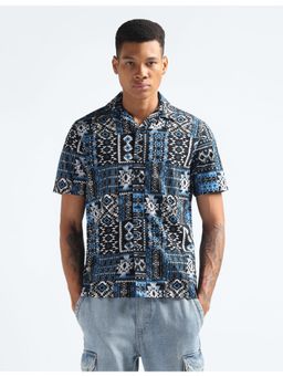Flying Machine - Blue Cuban Collar Geometric Print Shirt